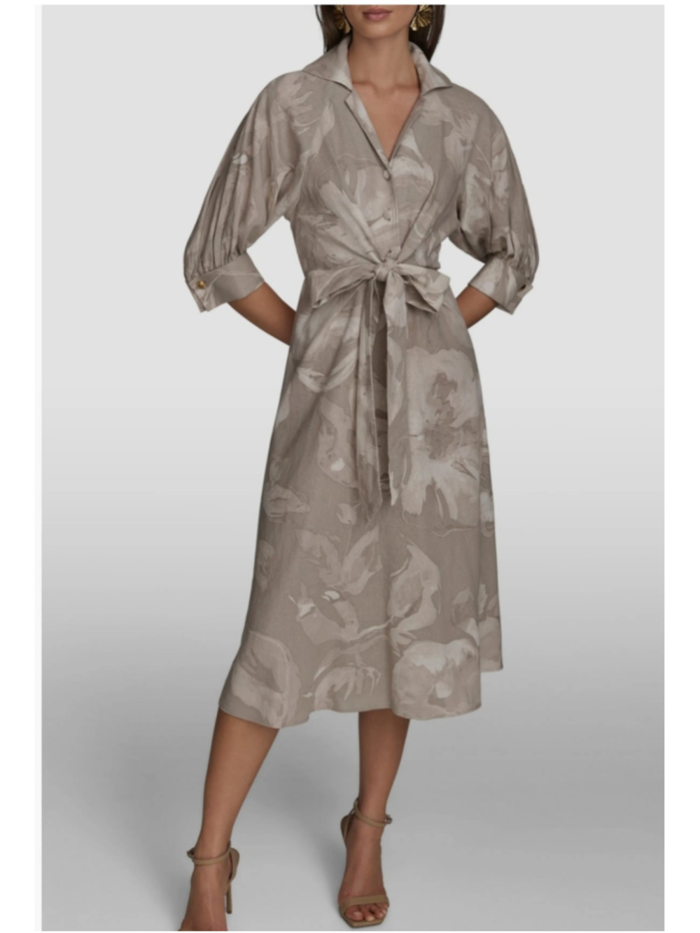 Donna Karan New York Floral Linen Blend Tie Waist Midi Dress Size 2 NWT